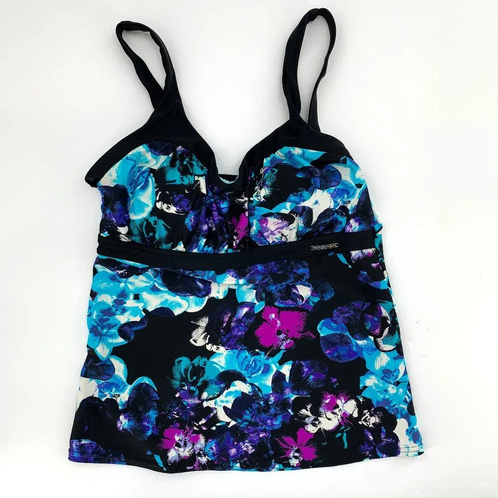 ZeroXPosur Swimwear Bikini Tank Padded 12 Girls or Small Adult Floral Black Blue